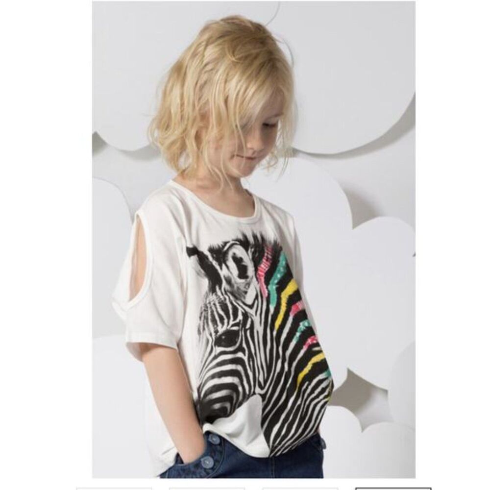 Paper Wings girls shirt 12 14 Organic Cotton white black zebra poncho cutout top